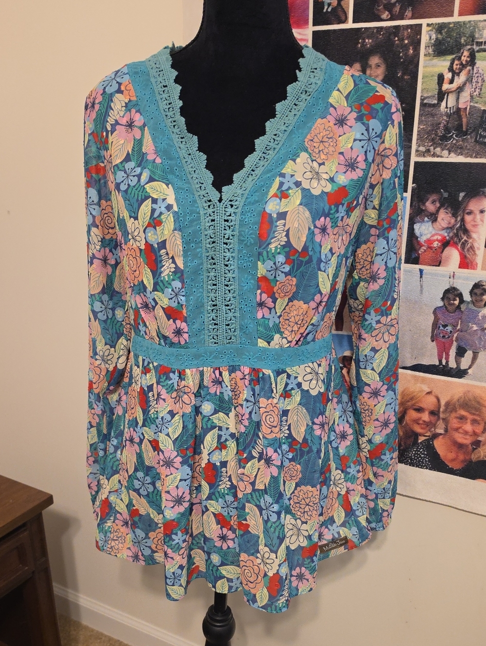 Matilda Jane Turquoise Floral Crochet-Trim Peasant Tunic